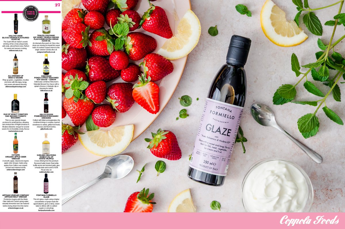 coppolafoods's tweet image. Thrilled to see #FontanaFormiello #BalsamicGlaze featured in the May issue of @SpecialityFood!
Crafted with just 4 natural ingredients, #noaddedsugar syrups or colourings
Rich, tangy &amp;amp; perfect on veggies, meats, cheese… even 🍓
📖 Read more: specialityfoodmagazine.com/issuedownload