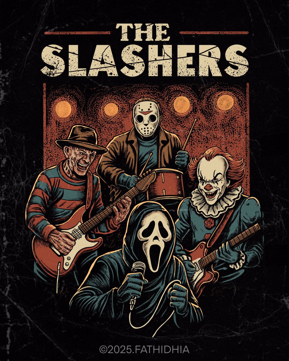Gm ☕️
‘The Slashers’ Horror rock band T-shirt available on <a href="/threadless/">Threadless</a> 
⬇️⬇️⬇️
threadless.com/shop/@fathi/de…

#horrormovie #parodyshirt #JasonVoorhees #freddykrueger #pennywise #ghostface #fathidhia #theslashers #illustration #artwork