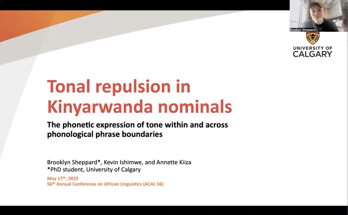 UCalgaryLing's tweet photo. Today PhD student Brooklyn Sheppard presented “Tonal repulsion in Kinyarwanda nominals: The phonetic expression of tone within and across phonological phrases” with Kevin Ishimwe and Annette Kiiza at the 56th Annual Conference on African Linguistics in Minneapolis, MN #ACAL https://t.co/2ARRLDoKcp