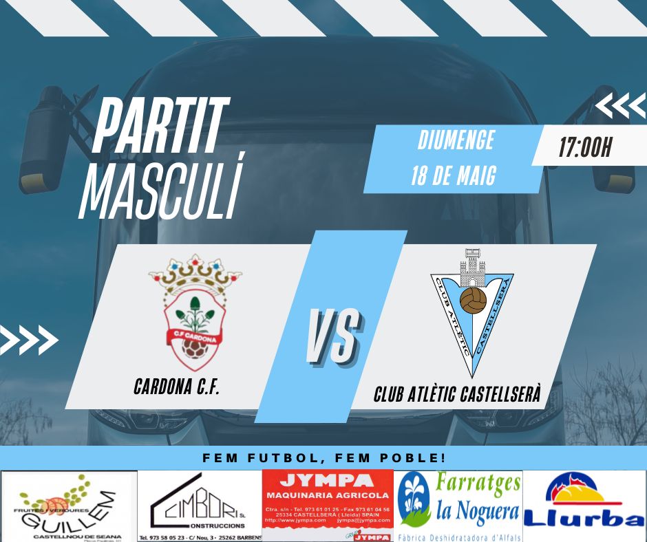 Club Atlètic Castellserà (@catcastellsera) on Twitter photo L'equip masculí tanca la temporada al camp del <a href="/futbolcardona/">Club Futbol Cardona</a> demà diumenge a les 17h.
Els locals seran campions si ens guanyen però nosaltres volem acabar l'any amb un triomf!
Us animem a venir d'excursió a Cardona, un camp que visitarem per primera vegada en la història.
#2cat5 L'equip masculí tanca la temporada al camp del <a href="/futbolcardona/">Club Futbol Cardona</a> demà diumenge a les 17h.
Els locals seran campions si ens guanyen però nosaltres volem acabar l'any amb un triomf!
Us animem a venir d'excursió a Cardona, un camp que visitarem per primera vegada en la història.
#2cat5