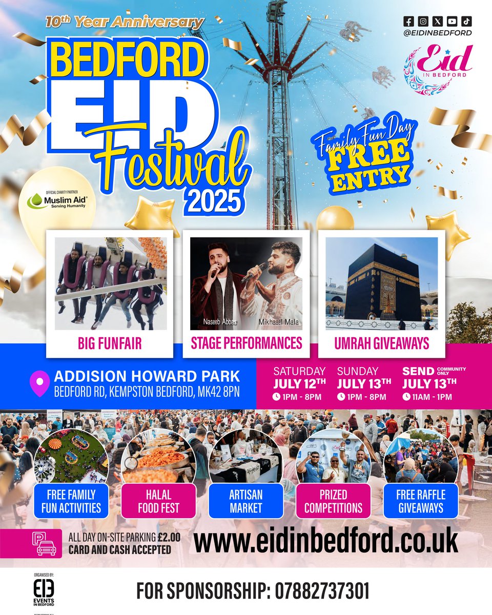 The most anticipated event of the year in #Bedford is back. Join us to celebrate 10 years of #EidinBedford! 🥳

📍 Addison Howard Park
🗓 Saturday 12th &amp; Sunday 13th, July 2025
🕐 1:00pm - 8:00pm

🎡 (Note: the festival is not on #Eid day).

#bedfordeidfestival