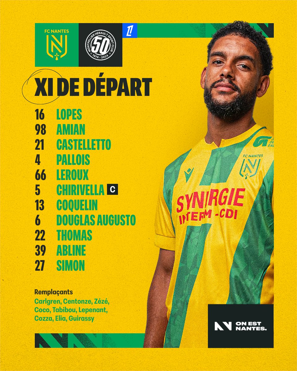FCNantes's tweet photo. ﹅ Le XI de départ face à Montpellier.

#OnEstNantes https://t.co/XIx6PqvGey