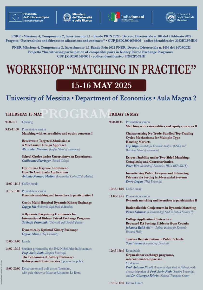 subhajit__p's tweet photo. Presented at the 20th Matching in Practice workshop at the University of Messina, Italy (@mip_eu). A wonderful experience meeting many leading matching theorists and an honor to meet Nobel laureate Prof. Alvin Roth! https://t.co/IBiXjg2U6Q