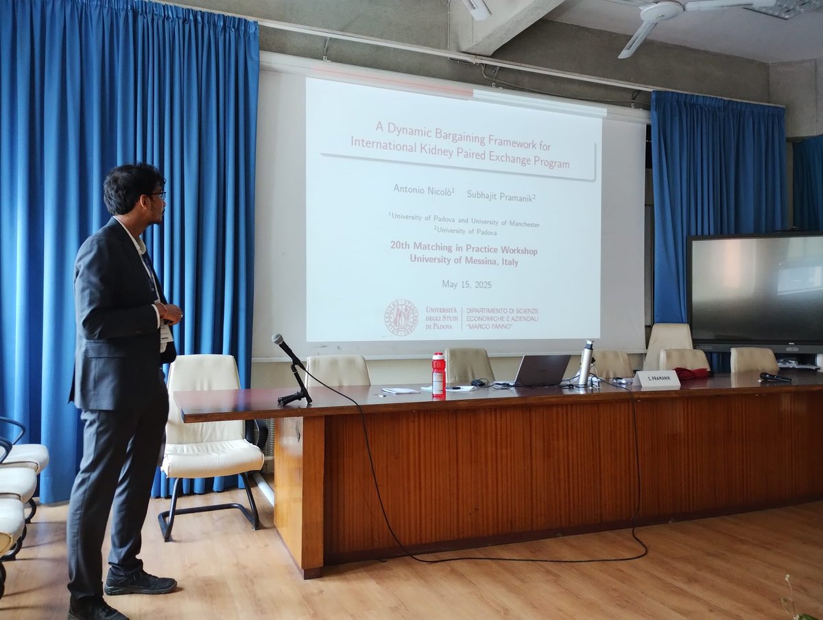 subhajit__p's tweet photo. Presented at the 20th Matching in Practice workshop at the University of Messina, Italy (@mip_eu). A wonderful experience meeting many leading matching theorists and an honor to meet Nobel laureate Prof. Alvin Roth! https://t.co/IBiXjg2U6Q