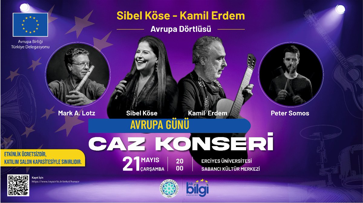 abbmkayseri's tweet photo. Avrupa Günü Caz Konserine Davetlisiniz!
21 Mayıs 20.00'de Erciyes Üni. Sabancı KM'de, Sibel Köse &amp; Kamil Erdem cazın evrensel diliyle sahnede!
Ücretsiz, kontenjan sınırlı. Katılım: https://t.co/3BZSVKM4Vd
@EUDelegationTur @ErciyesUni1978 @Kayserito https://t.co/osErFHqdVP