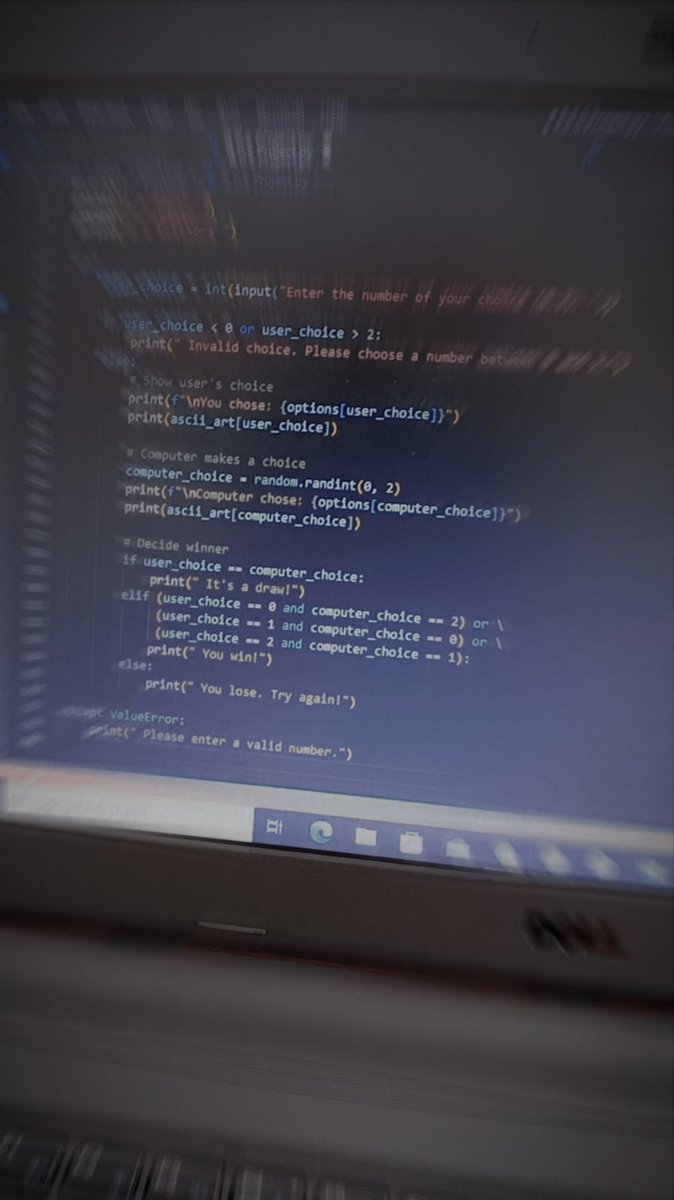 jamilasoltani_'s tweet photo. Today I coded a rock, paper, scissors game using if statements and loops it was so much fun!
@CodeToInspire 
#AfghanGirlsCode #Python 
#programming #WomenInTech https://t.co/8fjwwURTc1