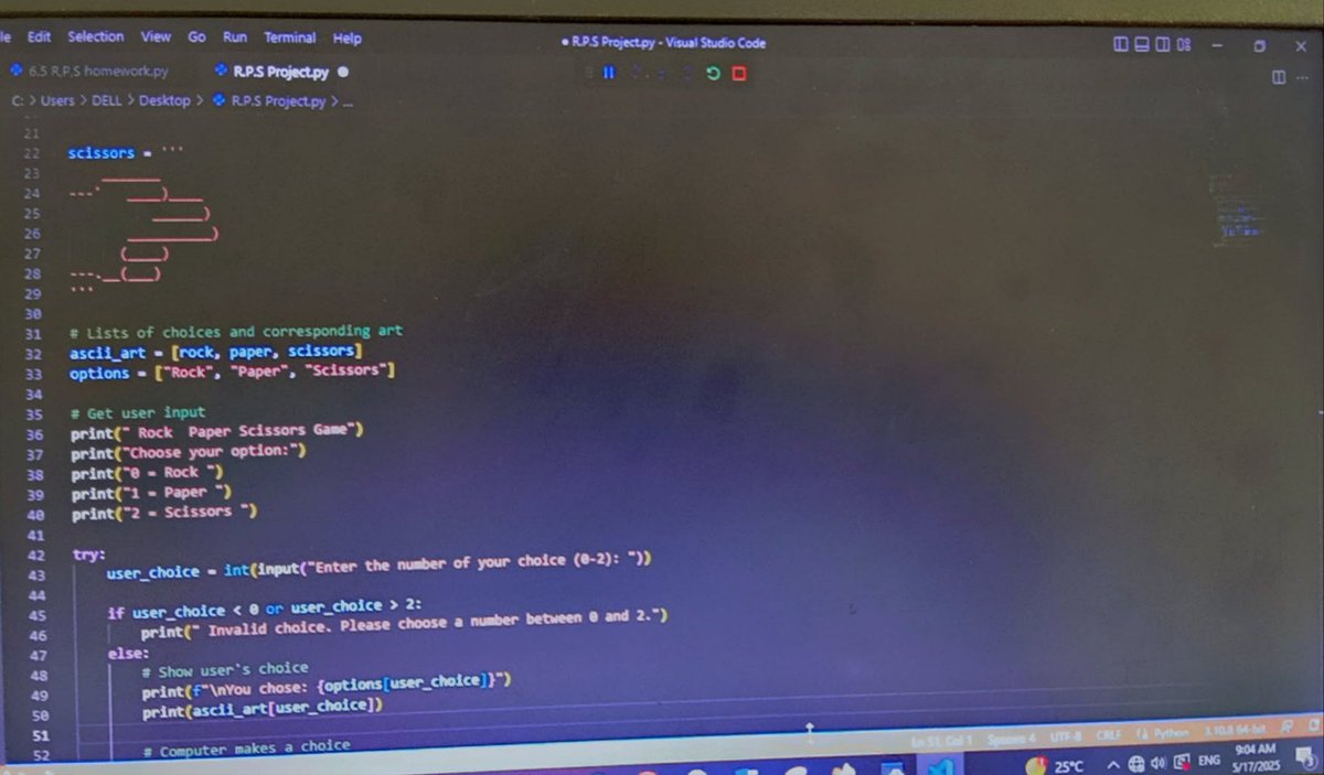 jamilasoltani_'s tweet photo. Today I coded a rock, paper, scissors game using if statements and loops it was so much fun!
@CodeToInspire 
#AfghanGirlsCode #Python 
#programming #WomenInTech https://t.co/8fjwwURTc1
