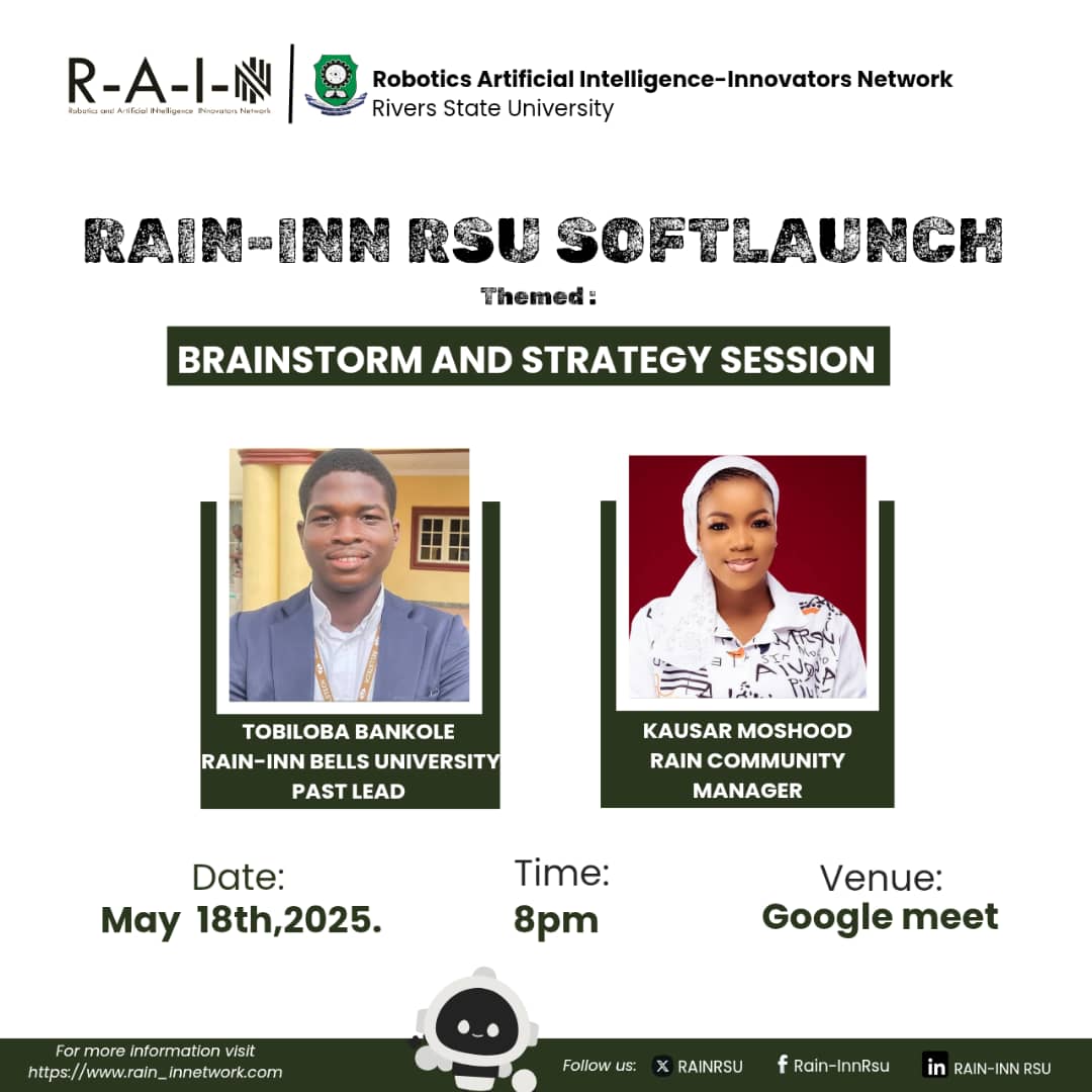 🔥1 Day to Go!
Join us tomorrow for the RAIN-INN RSUST Brainstorming &amp; Strategy Webinar!

We’re setting the vision, unveiling challenges, and shaping what we’ll build together in AI, Robotics, IoT and more.

Sun, May 18 | 8PM | Google Meet |RSVP: lu.ma/f0hycr5q