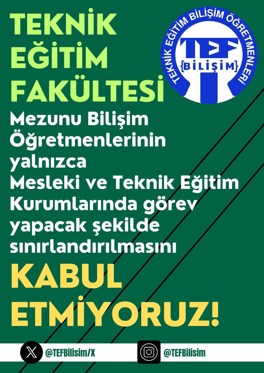 Alan değişikliği dayatması kabul edilemez! Bilişim Teknolojileri öğretmenleri olarak, yıllardır edindiğimiz tecrübeyle tüm okul türlerinde görevimize devam etmek istiyoruz. 
#TEFHakkiniGeriİstiyor

<a href="/Yusuf__Tekin/">Yusuf Tekin</a> <a href="/CihadDemirli/">Cihad Demirli</a> <a href="/_aliyalcin_/">Ali YALÇIN</a> <a href="/RamazanCakirci/">Ramazan Çakırcı</a> <a href="/EgitimBirSen/">Eğitim-Bir-Sen</a>
