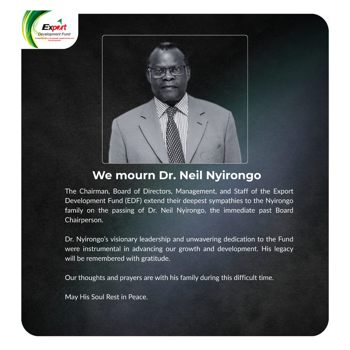 It is with a heavy heart that we mourn the passing of Dr. Neil Nyirongo, a guiding light whose leadership shaped the path of national development. 

We honour a man who served with distinction and left behind an inspiring legacy. 

May his soul rest in eternal peace.