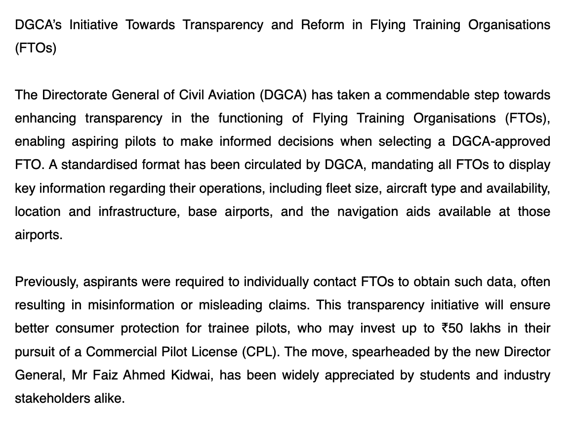 27saurabhsinha's tweet photo. Association of FTOs “welcomes” @DGCAIndia Faiz Ahmed Kidwai’s “commendable step for enhancing transparency, enabling students make informed decisions when selecting FTO”

FTOs suggest reforms to help 🇮🇳 flight training schools "compete globally”

These include:

@RamMNK @MoCA_GoI https://t.co/T4wmZmAzM4
