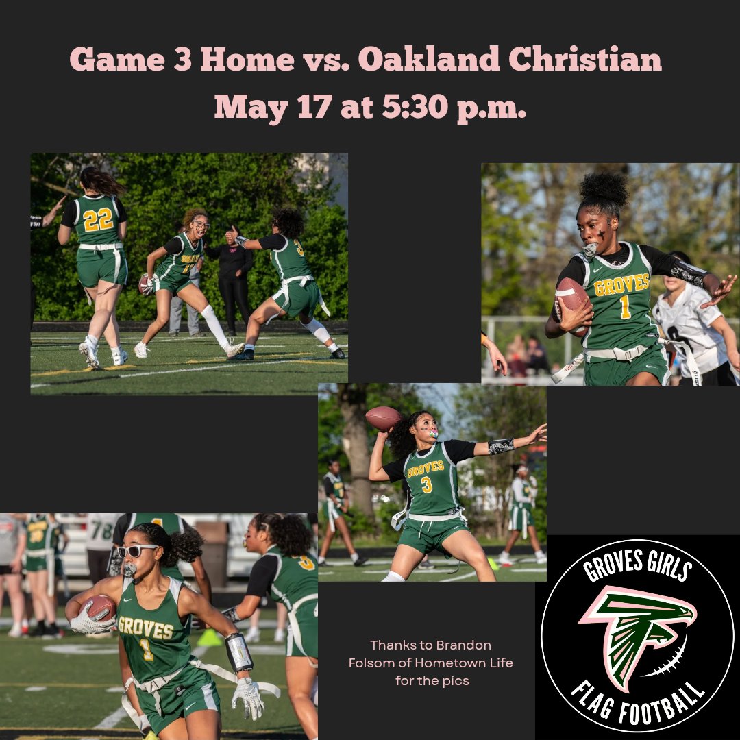 Birmingham Groves Girls Flag Football (@grovesgirlsflag) on Twitter photo Come watch the Falcons play their only home game today at 5:30 p.m. <a href="/GrovesAthletics/">Groves Athletics</a> <a href="/LionsYouthFB/">Lions Football Edu.</a> <a href="/StateChampsW/">State Champs! W</a> ##playlikeagirl Thanks to <a href="/folsombrandonj/">Brandon Folsom</a> for the great pics. Come watch the Falcons play their only home game today at 5:30 p.m. <a href="/GrovesAthletics/">Groves Athletics</a> <a href="/LionsYouthFB/">Lions Football Edu.</a> <a href="/StateChampsW/">State Champs! W</a> ##playlikeagirl Thanks to <a href="/folsombrandonj/">Brandon Folsom</a> for the great pics.