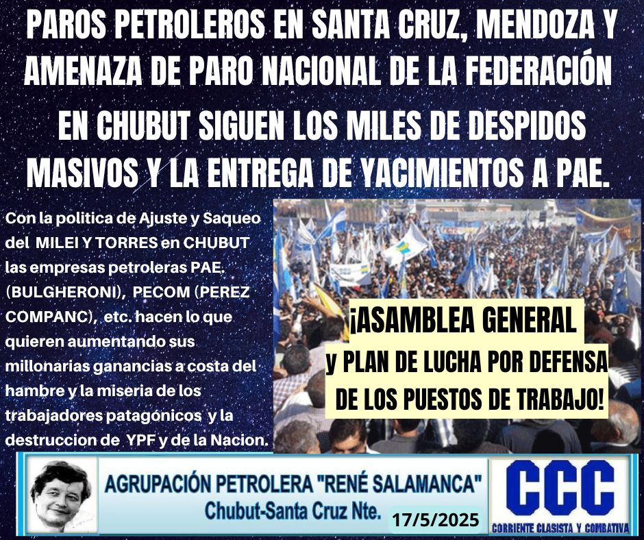 PAROS PETROLEROS EN SANTA CRUZ, MENDOZA Y AMENAZA DE PARO NACIONAL DE LA FEDERACIÓN. EN CHUBUT SIGUEN LOS DESPIDOS MASIVOS Y LA ENTREGA DE YACIMIENTOS. <a href="/destacar_/">DESTACAR</a> <a href="/seguidores/">seguidores</a> <a href="/con_sello/">Con Sello Patagonico</a> <a href="/milpatagonias/">Mil Patagonias</a> <a href="/LaCienPuntoUno/">LaCienPuntoUno</a> <a href="/fmdellagoesquel/">fm del lago</a> <a href="/JCAlderete_CCC/">Juan Carlos Alderete</a> <a href="/PCRargentina/">PCR Argentina</a>