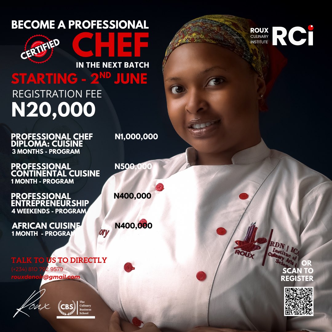 Chef Human™ (@wildchefhuman) on Twitter photo Randomly posting my business till it goes viral.🤭
I run a culinary school <a href="/rouxculinary/">Roux Culinary Institute</a> where we train chefs and food enthusiasts to become professionals in the food industry - with work placements after graduating when available.
📍Lagos.
Kindly Repost. Randomly posting my business till it goes viral.🤭
I run a culinary school <a href="/rouxculinary/">Roux Culinary Institute</a> where we train chefs and food enthusiasts to become professionals in the food industry - with work placements after graduating when available.
📍Lagos.
Kindly Repost.