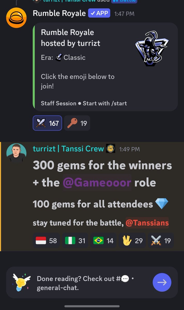 raptory7's tweet photo. Had a great time participating in the Rumble Royal today. Winners earned 300 gems + Gameoor role, and all attendees earned 100 gems as well. Ensure you don't miss out on the next one tomorrow. Simply join the discord, go to #gamequizzes to participate https://t.co/4QXLIffNHf https://t.co/DPFUujDcFD