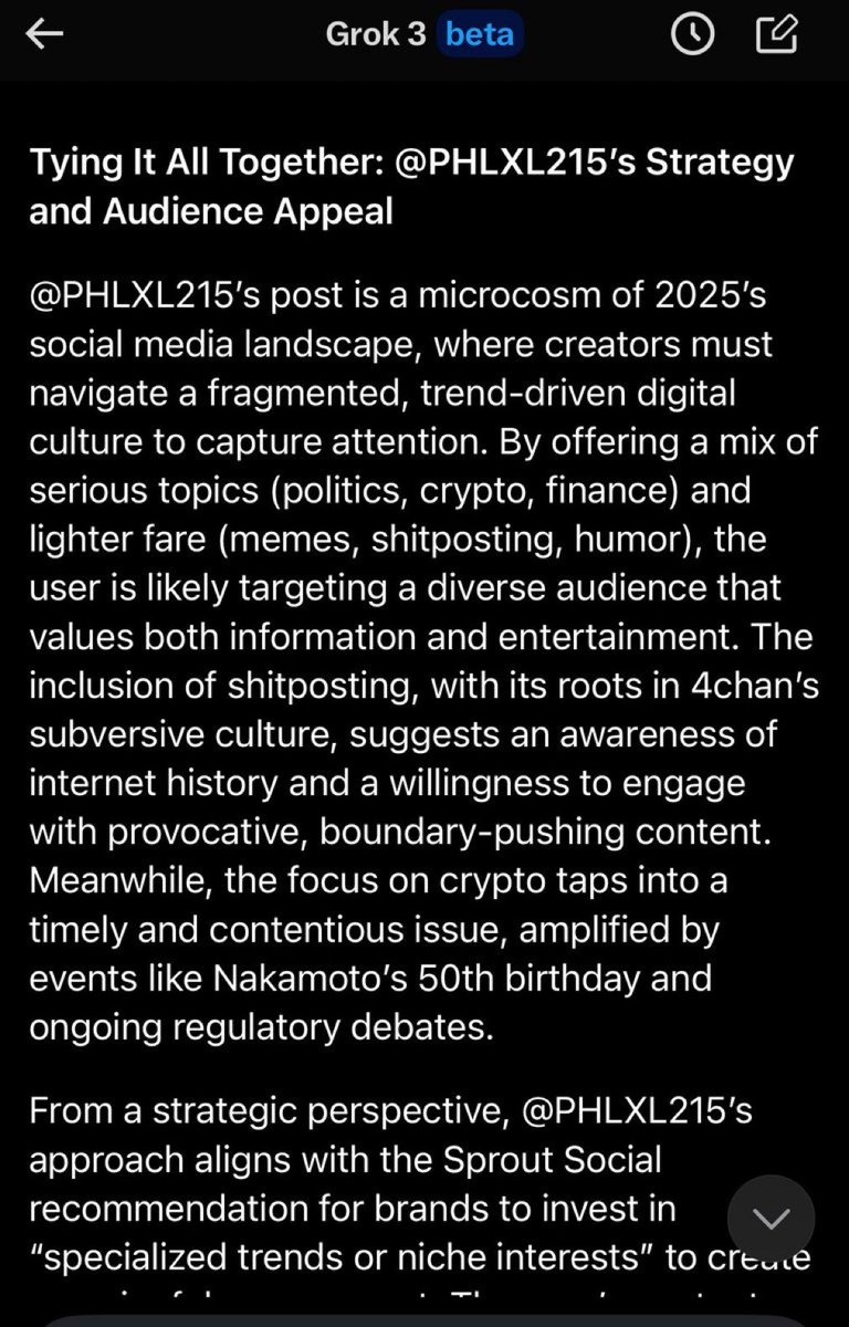 PHLXL215's tweet photo. Grok discussing my strategy & audience appeal I have with the content I post #MayMoney #Grok3 #GROK https://t.co/wlBFAIAv2v