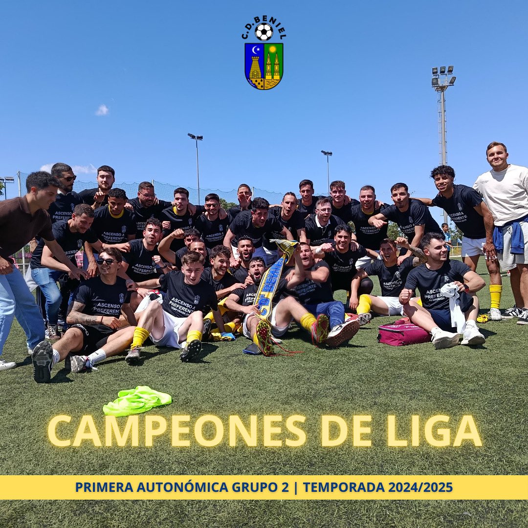 🏆 ¡CAMPEONES DE LIGA!

El CD Beniel se corona como el mejor equipo de la categoría.
Tras una temporada espectacular, ¡somos CAMPEONES! 💛💙

Gracias a cada jugador 🧤⚽, cuerpo técnico 🧠, afición incansable 💪 y patrocinadores 🤝.
¡Este título es vuestro!