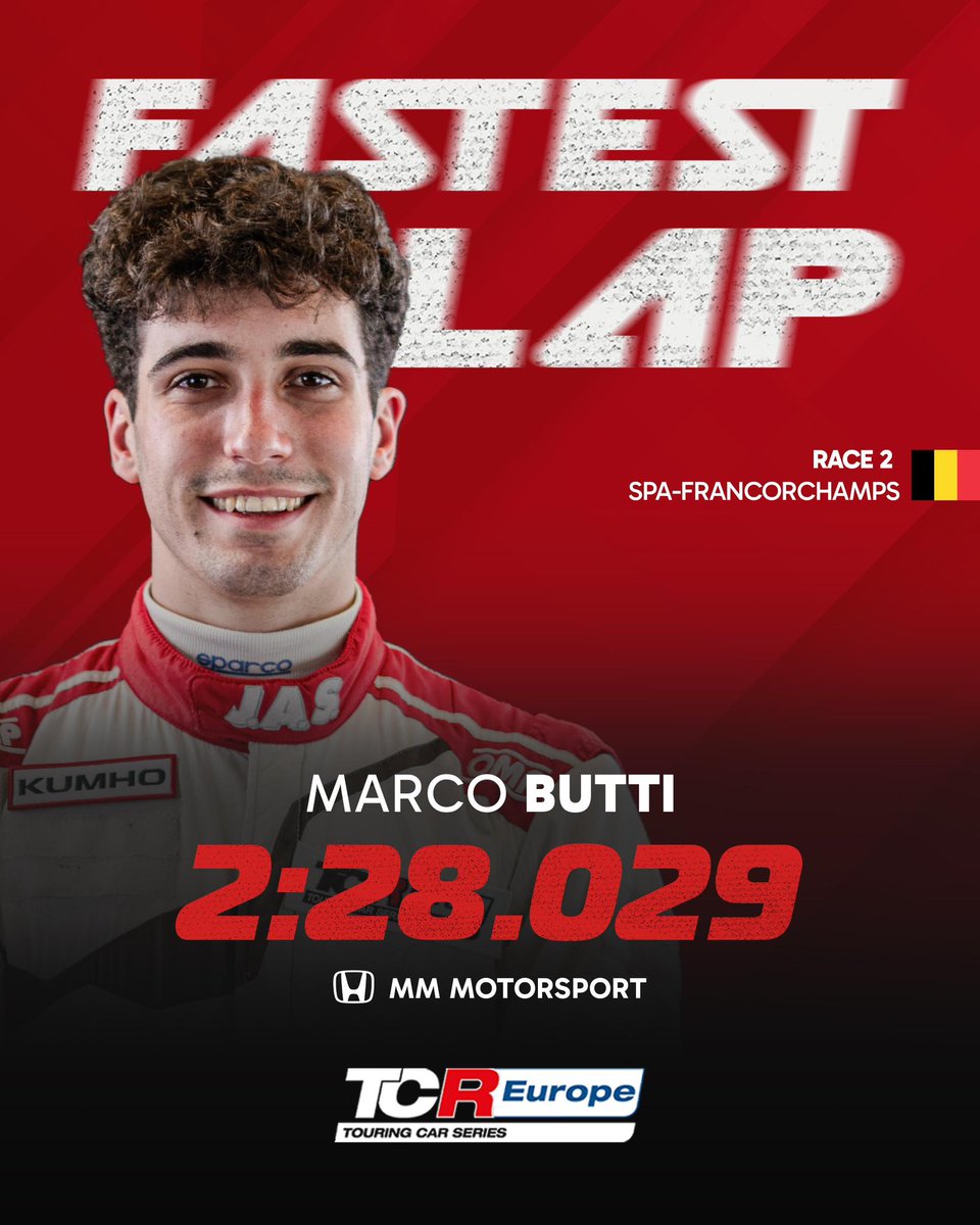 tcr_europe's tweet image. Fastest lap in Race 2? Marco Butti, once again! 🏁🔥
The MM Motorsport driver sets a 2:28.029 at Spa ⏱️, wrapping up a standout weekend with two fastest laps and his first-ever TCR Europe win! 🏆

Speed. Precision. Momentum. Marco is setting the pace! 🚀💪
#TCREurope #FastestLap