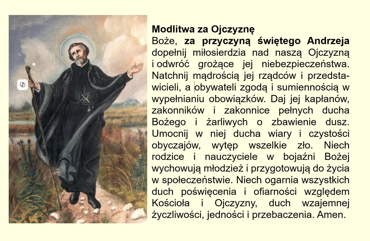 BernardWitek's tweet photo. Modlitwa za Ojczyznę za przyczyną świętego Andrzeja Boboli
#zawszezapolską #PociągPrawych #PolskaKotwicąEuropy https://t.co/UA3uR9yU2l