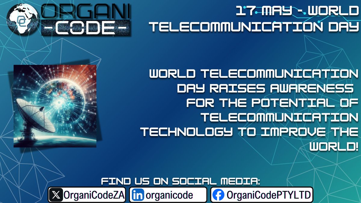 OrganiCodeZA's tweet photo. Today is World Telecommunication and Information Society Day (WTD). 

It celebrates the signing of the first International Telegraph Convention and the creation of the International Telecommunication Union (ITU). 

#worldtechnologyday
#worldtechnologyandinformationsocietyday
#wtd https://t.co/QCRYVcZkdc