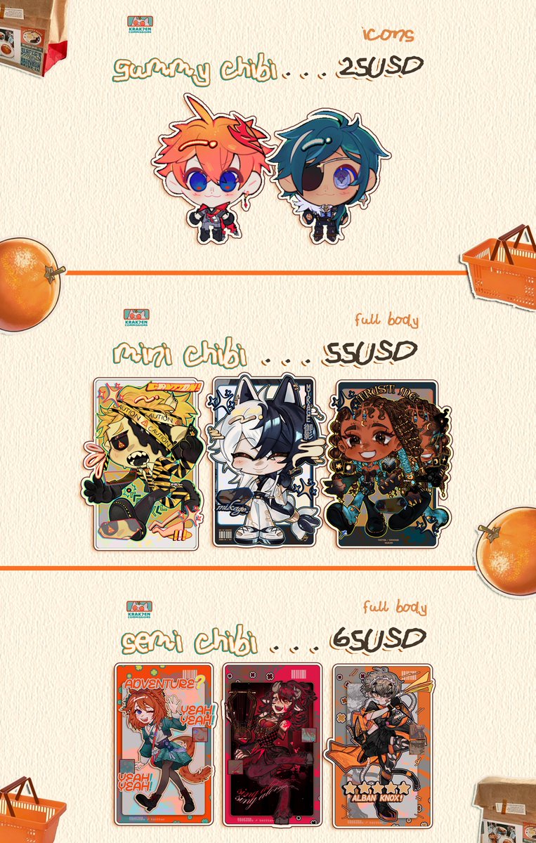 krak7en's tweet photo. [RTS APPRECIATED 📮🍊] 

hello, #commissions are OPEN again! 
🔸OPEN IMG FOR OPTIONS 🔻
🔸all details and order through VGEN
🔸https://t.co/cVaMpZh8F2
🔸feel free to DM or email for any inquiries or if you wish to not use VGEN for your order. 

#commsopen #vgencomms https://t.co/c3A1Ypkuyx