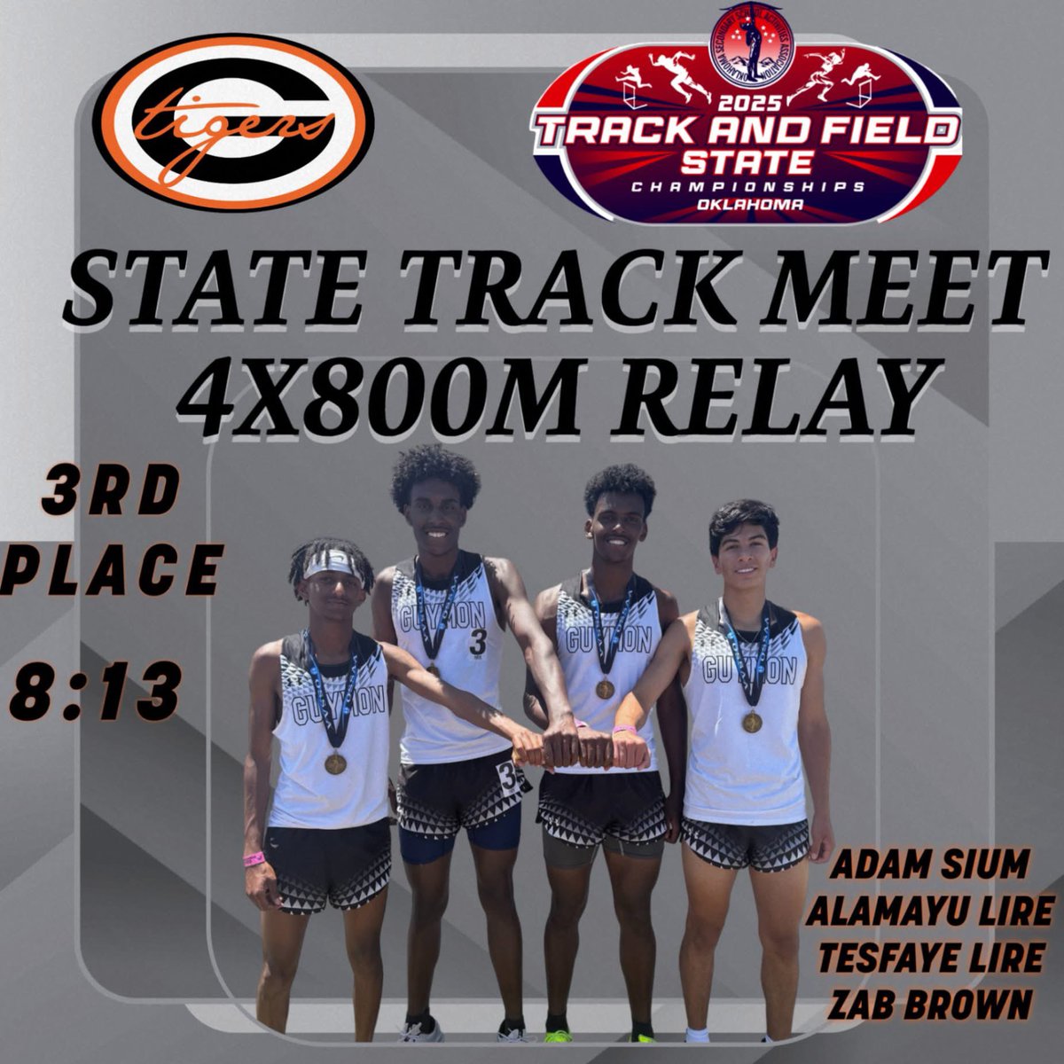 STATE PODIUM FINISH! 🥉

Congratulations to Tesfaye Lire, Adam Sium, Zab Brown, and Alamayu Lire for an incredible performance in the 4x800m relay at the State Track Meet! The team brought home 3rd place honors.

They clocked a blazing 8:13.65. 🔥🔥