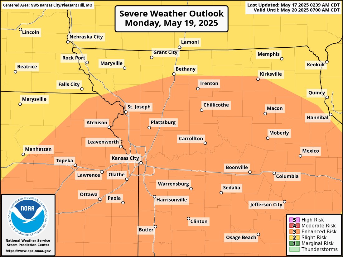 ❗ Monday is shaping up to be "the day" for severe weather in the Kansas City area. The Storm Prediction Center has upgraded a significant portion of the region to an Enhanced Risk, level 3 out of 5.

💭 The forecast combination of wind shear, lift, instability, and moisture is