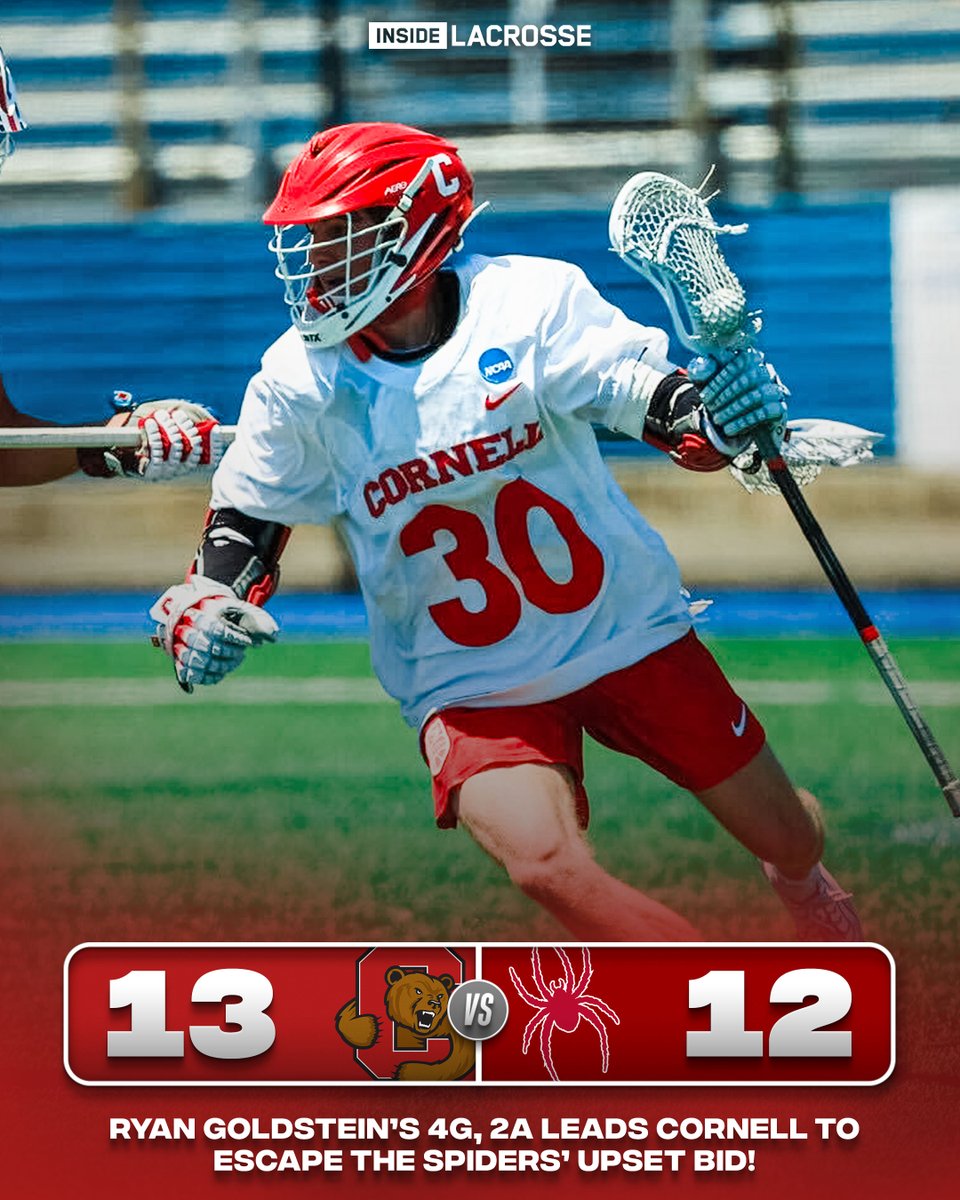Inside Lacrosse (@inside_lacrosse) on Twitter photo FINAL
No. 1 <a href="/CornellLacrosse/">Big Red Lacrosse</a> 13
<a href="/SpiderMLAX/">Richmond Lacrosse</a> 12
THE BIG RED ADVANCE TO THE FINAL FOUR!
Ryan Goldstein's huge day leads the top-seeded Big Red back to Championship Weekend. Jack Cascadden won 17-25 face-offs, CJ Kirst scored four points (2G, 2A). FINAL
No. 1 <a href="/CornellLacrosse/">Big Red Lacrosse</a> 13
<a href="/SpiderMLAX/">Richmond Lacrosse</a> 12
THE BIG RED ADVANCE TO THE FINAL FOUR!
Ryan Goldstein's huge day leads the top-seeded Big Red back to Championship Weekend. Jack Cascadden won 17-25 face-offs, CJ Kirst scored four points (2G, 2A).