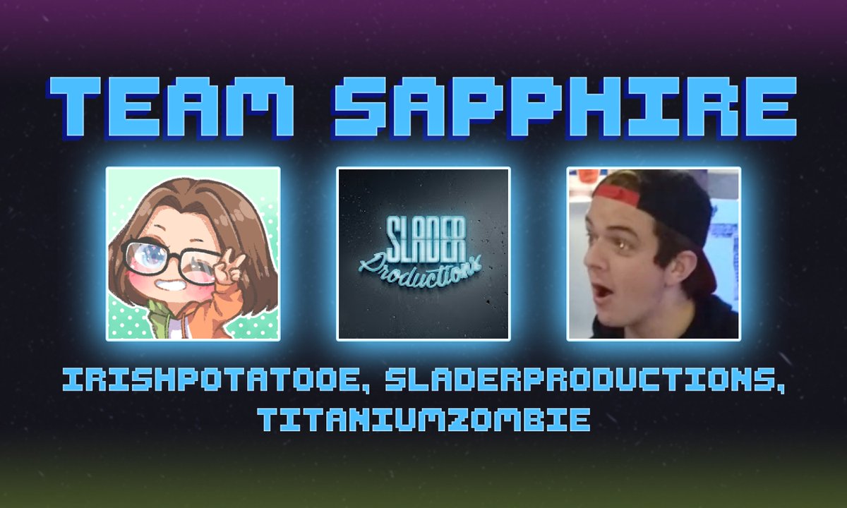 We Make Cool Things (@wmct_) on Twitter photo It's Team Sapphire time! Say hi to <a href="/IrishPotatooe/">🇮🇪🥔</a>, <a href="/TheSladerPro/">SladerProductions</a>, and <a href="/Ryder_Slade_/">TZ (TitaniumZombie)</a>! See them compete on May 24th at 3 PM EST. It's Team Sapphire time! Say hi to <a href="/IrishPotatooe/">🇮🇪🥔</a>, <a href="/TheSladerPro/">SladerProductions</a>, and <a href="/Ryder_Slade_/">TZ (TitaniumZombie)</a>! See them compete on May 24th at 3 PM EST.