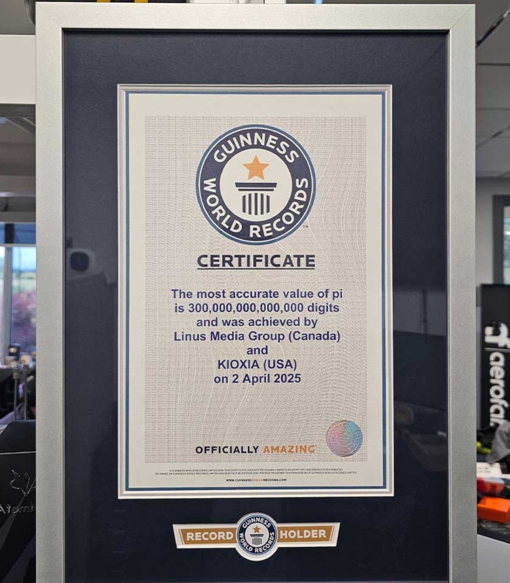 Dexerto's tweet image. Linus Tech Tips built a $1 million PC setup to break the world record for most digits of Pi calculated

It took 190 days to calculate 300,000,000,000,000 digits and earn the record