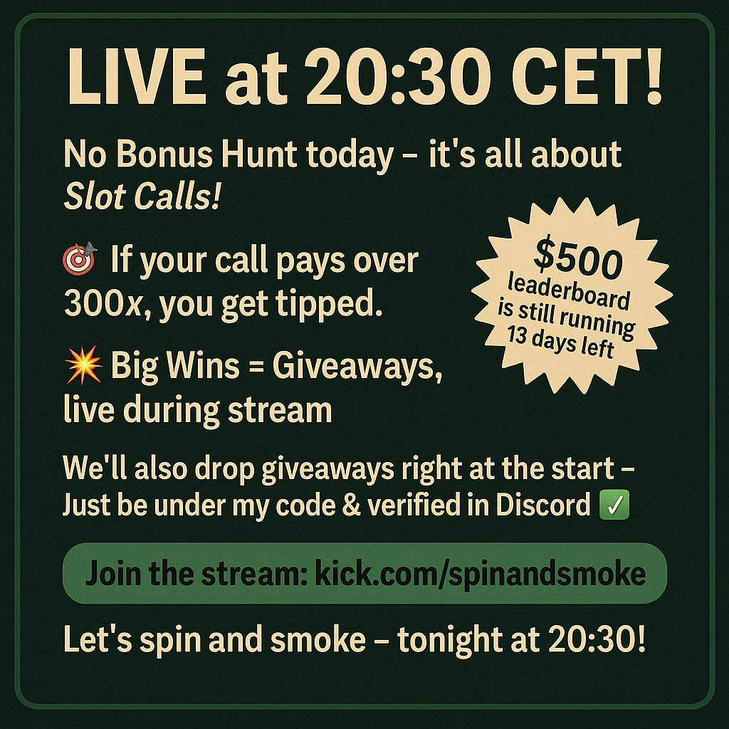 JxSmok33's tweet photo. ๐จ Going live at 20:30 CET!
Full Slot Calls โ if your call hits 300x+ โ you get tipped ๐ธ
Big Wins = Giveaways
Only for verified users under my code โ
$500 leaderboard โ 13 days left to win!
๐ด https://t.co/hwBdGCzPe4
#kickstreamer #giveaway #spinandsmoke #casino #slots https://t.co/bqRMRO5RjT