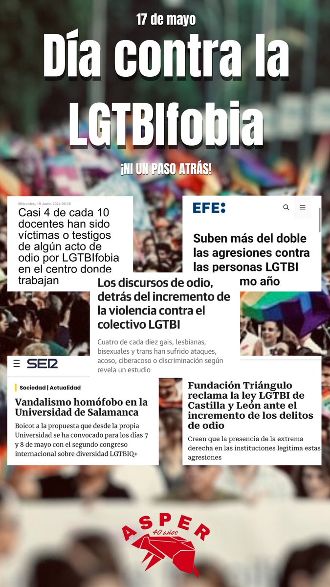 AsperUSAL's tweet photo. Nos encontrarán siempre frente a quienes vayan contra los derechos y las libertades de las personas LGTBI. Ni un paso atrás🏳️‍🌈🏳️‍⚧️. https://t.co/TeEtyO9sWL