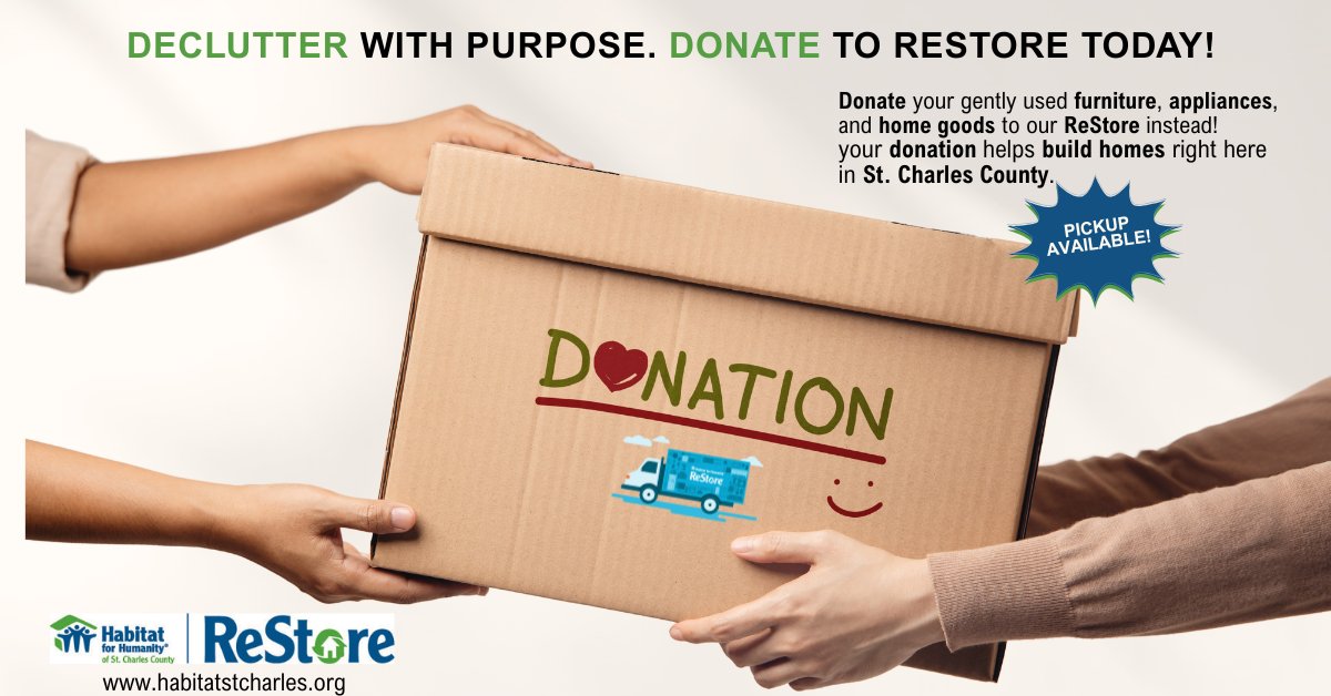 HFHStCharles's tweet image. “Is this still available?” Yes! Skip the drama—donate your gently used furniture and appliances to Habitat St. Charles ReStore! Help build affordable homes. Drop off or schedule a free pickup today! #ReStoreDonation #HabitatStCharles #DeclutterForGood #SkipTheMarketplace