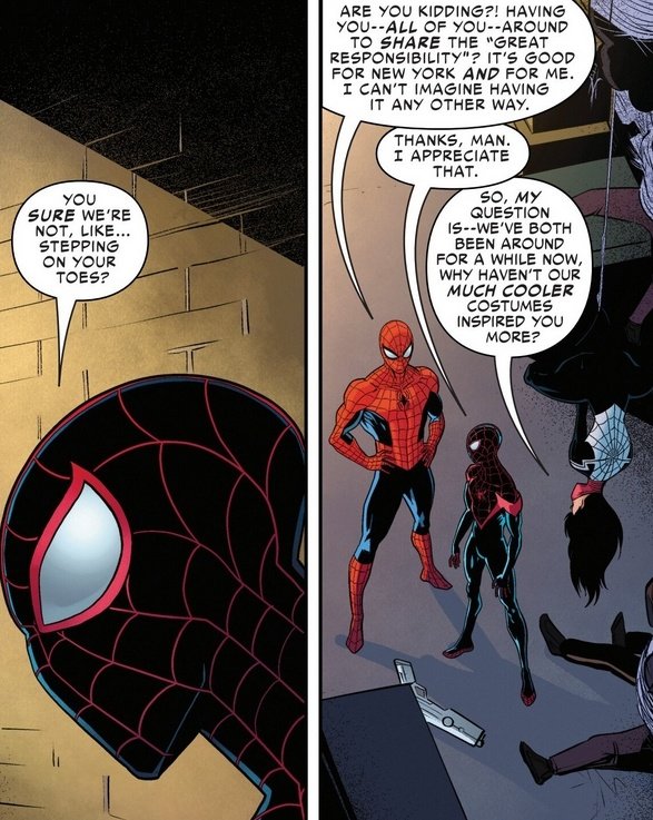 The one mean to Spider-Man joke I'll always love is the others bullying him because they have cooler costumes