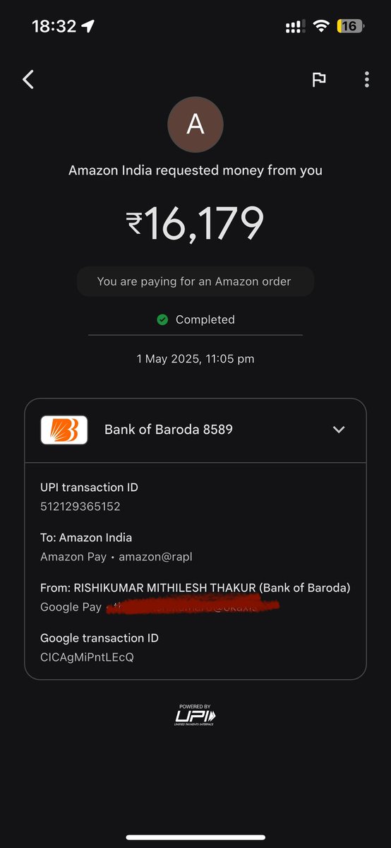 rishikumart's tweet photo. On 1/05/2025 I placed an order on @amazonIN amount was ₹16,179 and the Order # 408-5837415-8374716. Payment was made using UPI and was successful from my end but order was cancelled from amazon stating payment was failed and they have not received any fund at their end. https://t.co/NfziygeKVl