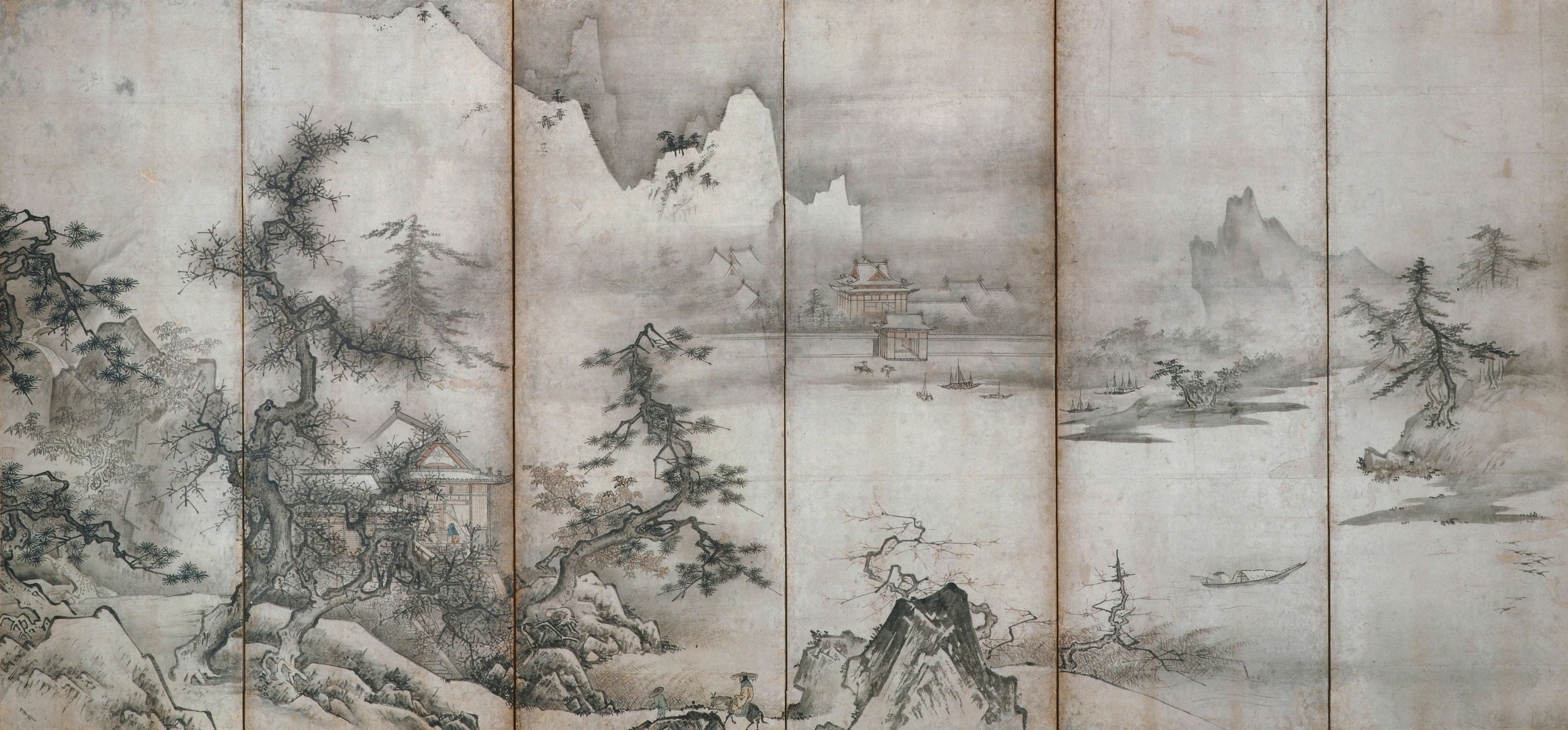 中国古美術・山水四条屏通屏画芯・黄宾虹印款・水墨画・純手描き・文房置物・水印付き 中国古美術・山水四条屏通屏画芯・黄宾虹印款・水墨画・純手描き