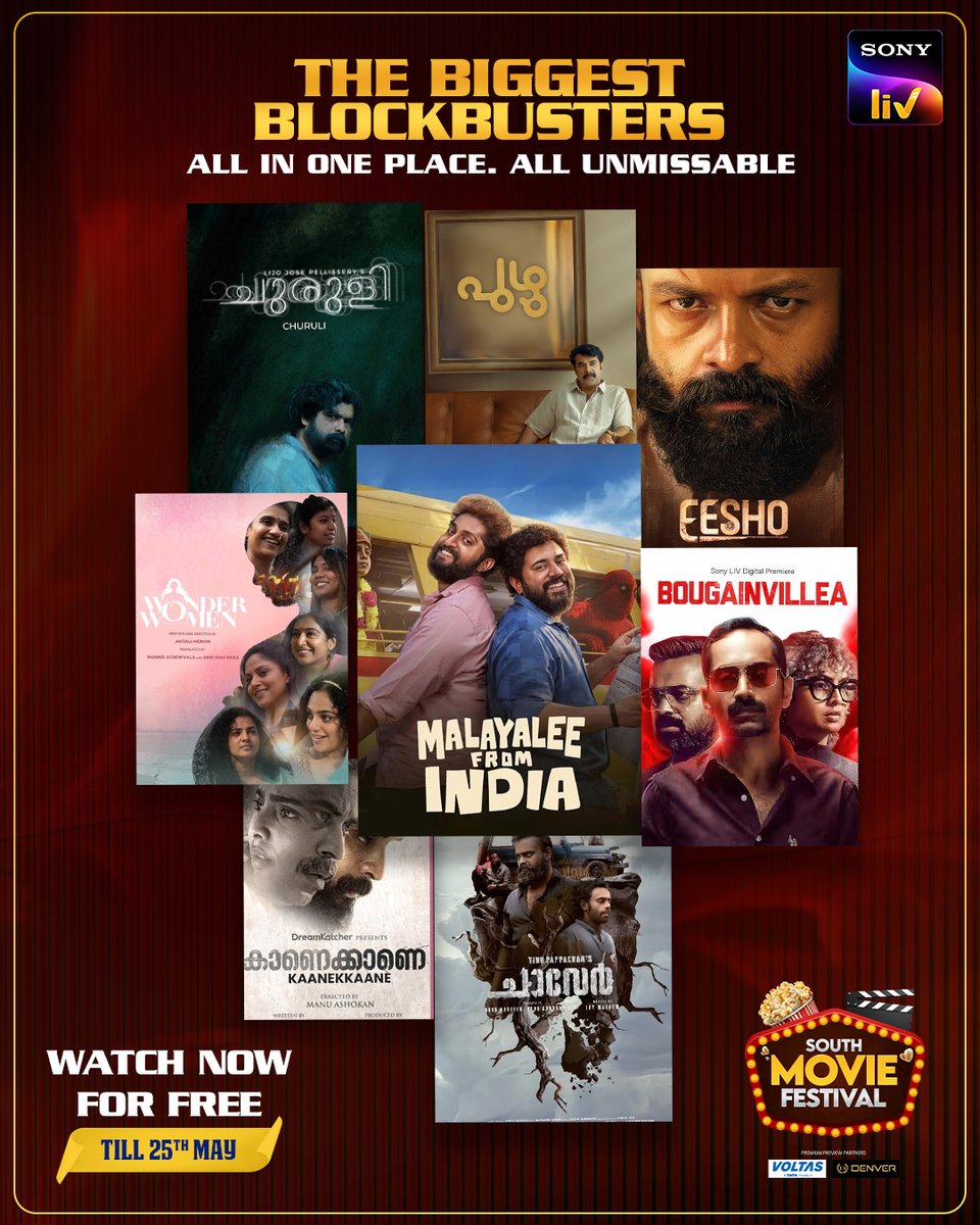 SonyLIV's tweet photo. #Cinemafest #8Movies @mammootty @kunchacks @tovinothomas @actor_jayasurya @nivinpaulyactor
#Chaaver #Eesho #Kaanekkaane #MalayaliFromIndia #bougainvillea #Puzhu #Churuli #WonderWomen #FreeMovies #SonyLIVSouth https://t.co/ruyC5TUDO5