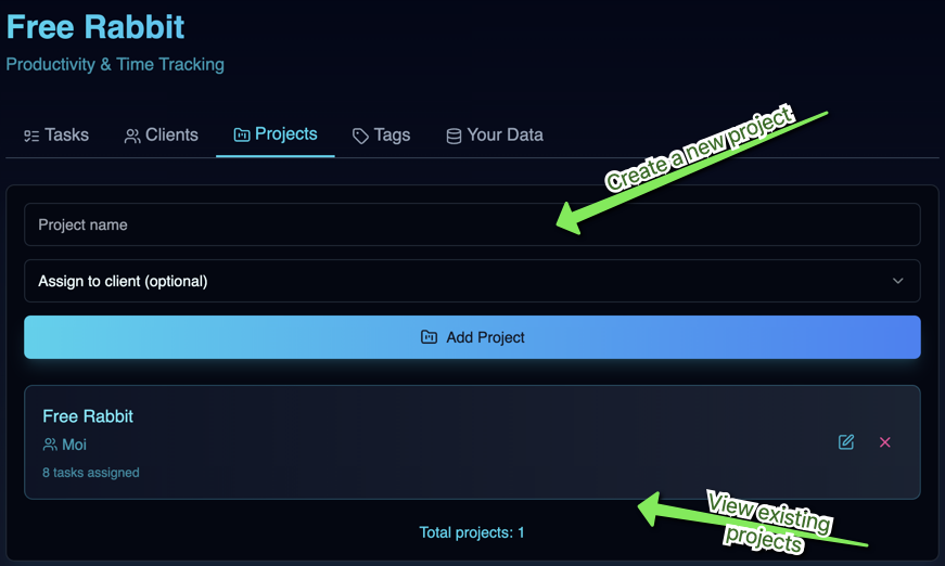 McInWheel's tweet photo. Launched Free Rabbit on @uberdotfun. A simple app to track tasks, projects, clients, and time with a Pomodoro timer. No signups, all local, exportable as JSON. Try it: https://t.co/rm68Exo3e5. #FreeRabbit #IndieDev https://t.co/AIhsuuk3bb