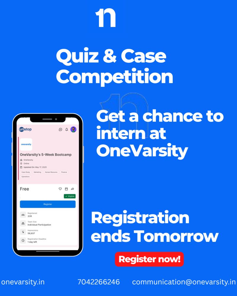 OneVarsity's tweet photo. Looking for an #internship?
Want to improve your #resume?

We have a combined opportunity. Register for this #Quiz + #Casecomp and get a chance to intern with Onevarsity. https://t.co/VVzYI0Lm84