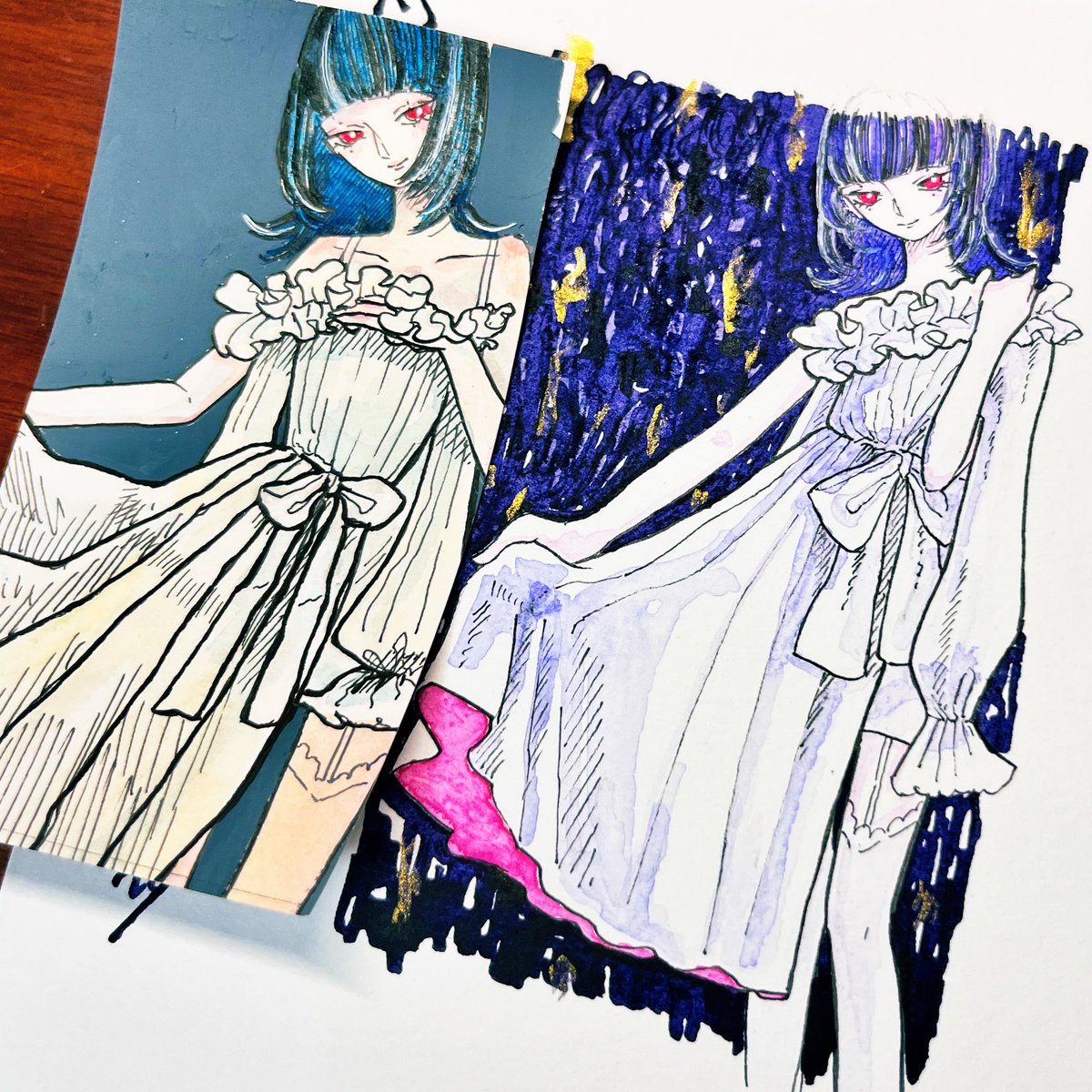 「同じキャラクター・同じシチュエーションで描いたけど、画材を替えると印象全然違う…」|迴トヲテツ🎪サーカス展のイラスト