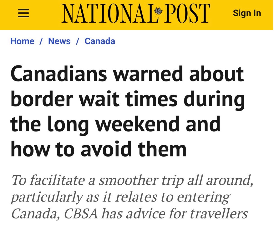 MarcNixon24's tweet photo. Last week National Post said majority of Canadian say traveling to the United States is unsafe and unwelcoming.

Today, Canadians warned about border wait times during long weekend and how to avoid them. 

🤣🤣🤣🤣 https://t.co/siqYvEaKaV