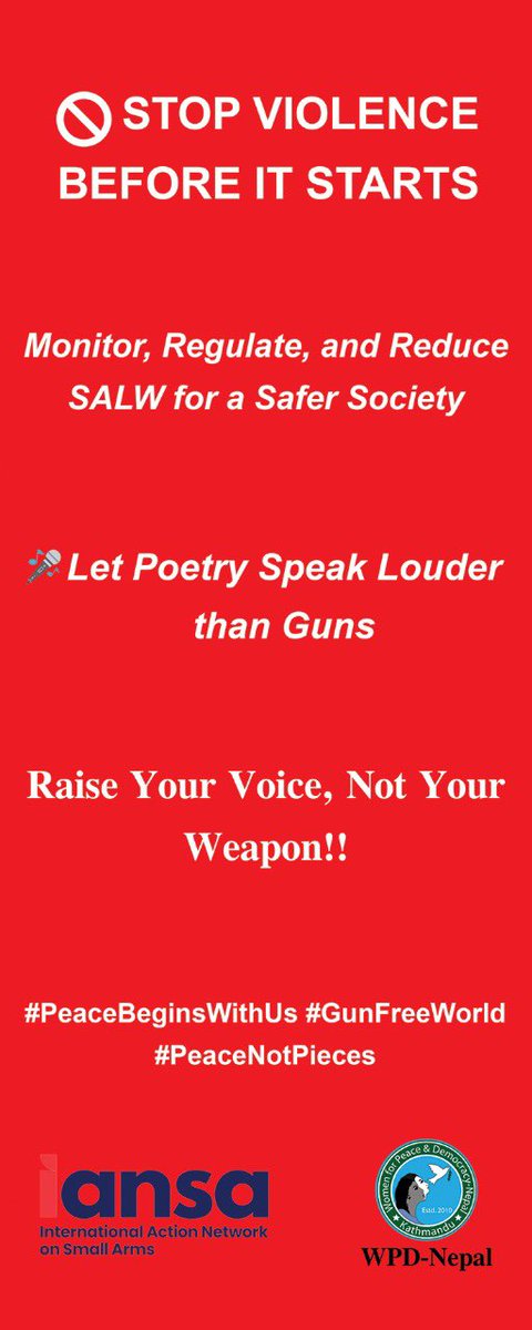 🎤 Let Poetry Speak Louder Than Guns

Come! Join the movement! 

📅 Event: VOICES FOR PEACE – A Poetic Stand Against Gun Violence
🗓 Date: May 20, 2025
🕛 Time: 12:00 PM – 2:30 PM
📍 Venue: Mandala Theatre, Kathmandu
<a href="/IANSAnetwork/">IANSA</a> #WPDNepal
