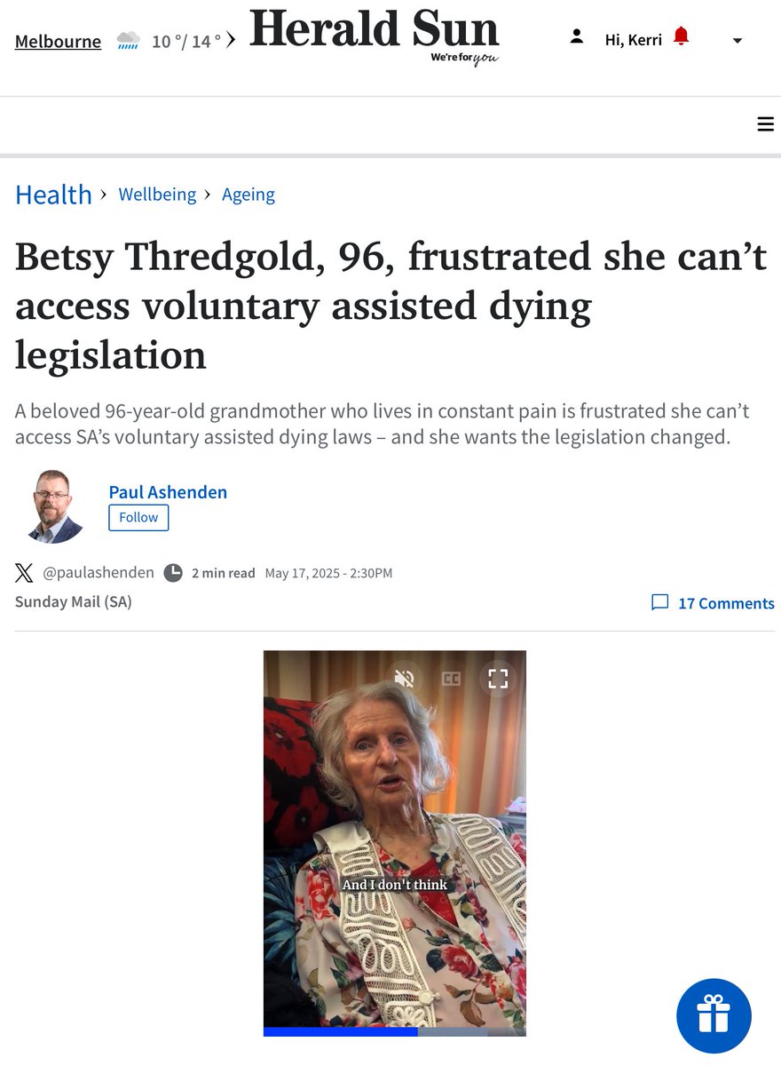 Philip Nitschke (@philipnitschke) on Twitter photo I’m old and in constant pain, so why can’t I end my life?
..Aust assisted suicide ‘bed and grovel’ laws (unlike Swiss laws) do not give you the ‘right to die’, only the right to beg for help..which, as in Betsy’s case, is often rejected! <a href="/paulashenden/">Paul Ashenden</a> heraldsun.com.au/health/wellbei… I’m old and in constant pain, so why can’t I end my life?
..Aust assisted suicide ‘bed and grovel’ laws (unlike Swiss laws) do not give you the ‘right to die’, only the right to beg for help..which, as in Betsy’s case, is often rejected! <a href="/paulashenden/">Paul Ashenden</a> heraldsun.com.au/health/wellbei…