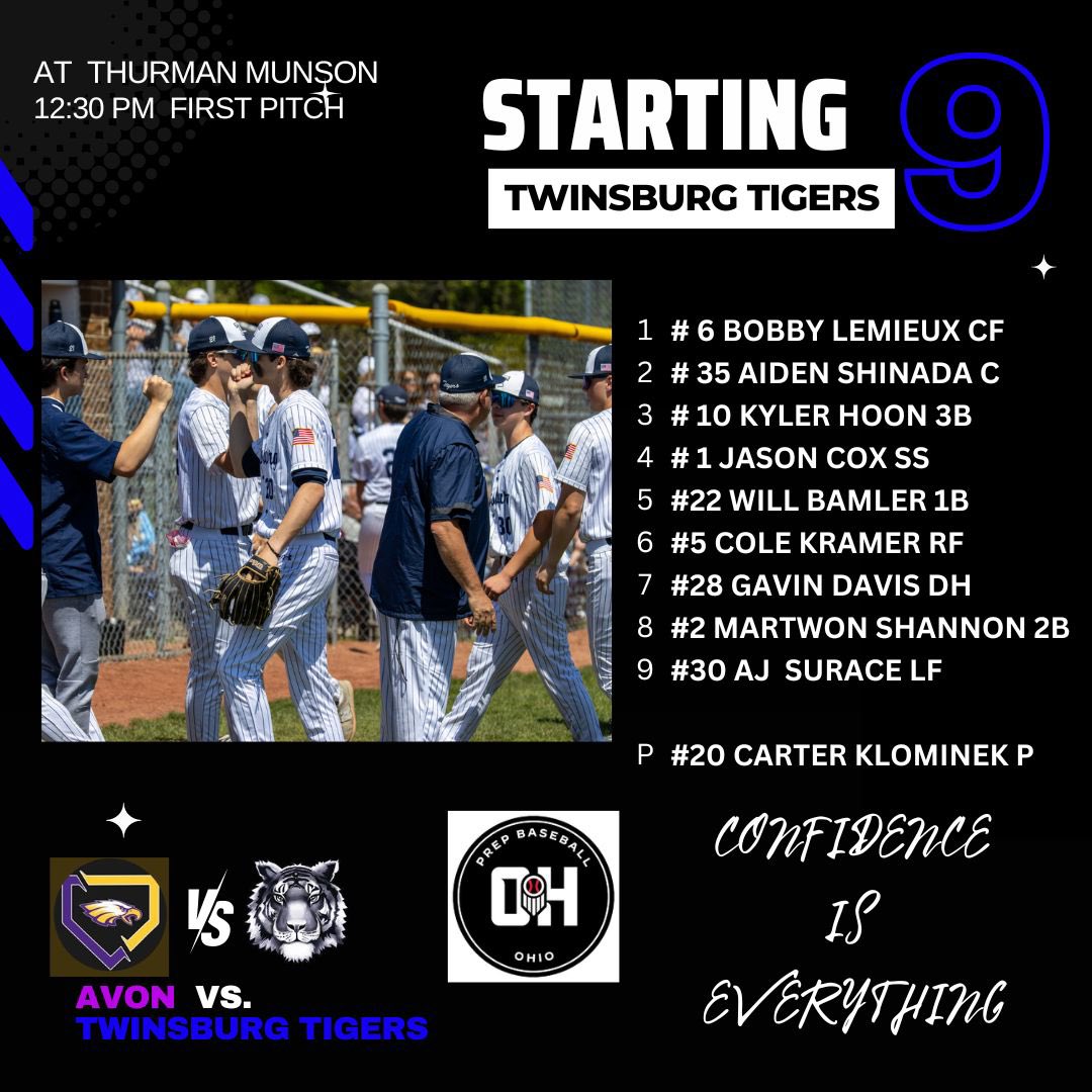 Twinsburg Tigers Baseball (@ths_baseball21) on Twitter photo 🚨⚾️ GAME DAY ⚾️🚨
🆚 <a href="/baseball_avon/">Avon Baseball</a>
📍Canton, Ohio
🏟️Thurman Munson Field #2
⛈️69°
⏰ 12:30 PM
<a href="/Bobby_00006/">Bobby Lemieux</a> <a href="/AidenShinada/">Aiden Shinada</a> <a href="/KylerHoon/">Kyler Hoon</a> <a href="/coxjason04/">Jason Cox</a> <a href="/WilliamBamler/">William Bamler</a> <a href="/Colekramer94/">Cole Kramer</a> <a href="/GavinDavis2026/">Gavin Davis</a> <a href="/Martwon10/">Martwon shannon</a> <a href="/AJSorace_23/">Sorace_AJ_23</a> <a href="/CarterKlom/">Carter Klominek</a> <a href="/TwinsburgTigers/">Twinsburg Athletics</a> 🚨⚾️ GAME DAY ⚾️🚨
🆚 <a href="/baseball_avon/">Avon Baseball</a>
📍Canton, Ohio
🏟️Thurman Munson Field #2
⛈️69°
⏰ 12:30 PM
<a href="/Bobby_00006/">Bobby Lemieux</a> <a href="/AidenShinada/">Aiden Shinada</a> <a href="/KylerHoon/">Kyler Hoon</a> <a href="/coxjason04/">Jason Cox</a> <a href="/WilliamBamler/">William Bamler</a> <a href="/Colekramer94/">Cole Kramer</a> <a href="/GavinDavis2026/">Gavin Davis</a> <a href="/Martwon10/">Martwon shannon</a> <a href="/AJSorace_23/">Sorace_AJ_23</a> <a href="/CarterKlom/">Carter Klominek</a> <a href="/TwinsburgTigers/">Twinsburg Athletics</a>