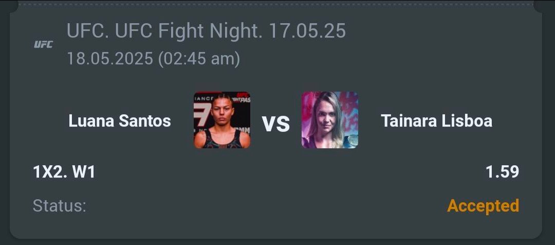 A3RBET's tweet photo. π₯ TONIGHT: UFC Fight Night
Luana Santos vs Tainara Lisboa !
My PICK: Luana Santos (W1) at 1.59 odds !
Ready for this women's showdown!
#UFCFightNight #MMABetting #BrazilianMMA #FightPicks #UFC #WomensMMA #BettingValue #MMAPredictions https://t.co/iFIl6V3ZWZ