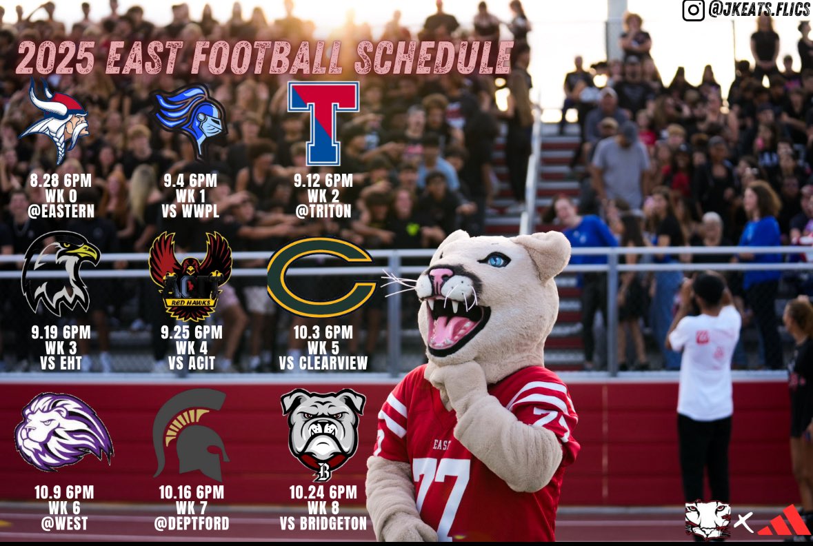 Cherry Hill East Football (@che_fball) on Twitter photo 2025 UPDATED SCHEDULE 🔴⚪️⚫️
Our week 4 game is now HOME vs ACIT  on 9/25🚨 We are 1 month away from Mini Camp⏳ #TheNewStandard
#HardWorkPaysOff #FACTS 2025 UPDATED SCHEDULE 🔴⚪️⚫️
Our week 4 game is now HOME vs ACIT  on 9/25🚨 We are 1 month away from Mini Camp⏳ #TheNewStandard
#HardWorkPaysOff #FACTS