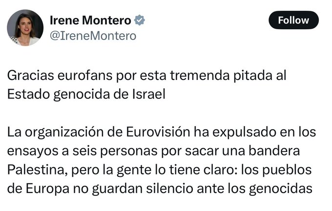 capTercio's tweet photo. Irene Montero apoya el acoso en Eurovisión a una joven que sobrevivió a la masacre de Hamás del 7 de octubre, escondida bajo los cuerpos de sus amigas.
Menuda feminista.
Un miembro de la embajada de Israel en España ya le ha respondido: "Ya hubo quien quiso una Europa sin judíos" https://t.co/uqMb3obLXP