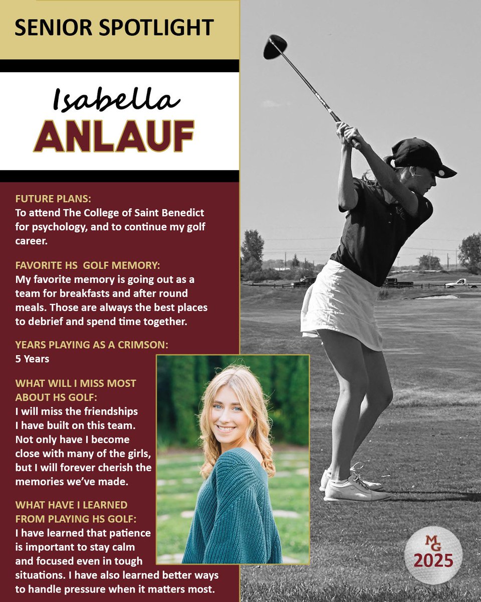 …
🍁SENIOR SPOTLIGHT🍁
This week we are spotlighting our Class of 2025! 
Featuring Varsity senior 
✨Isabella Anlauf ✨

#feartheleaf #wearecrimson #mggirlsgolf