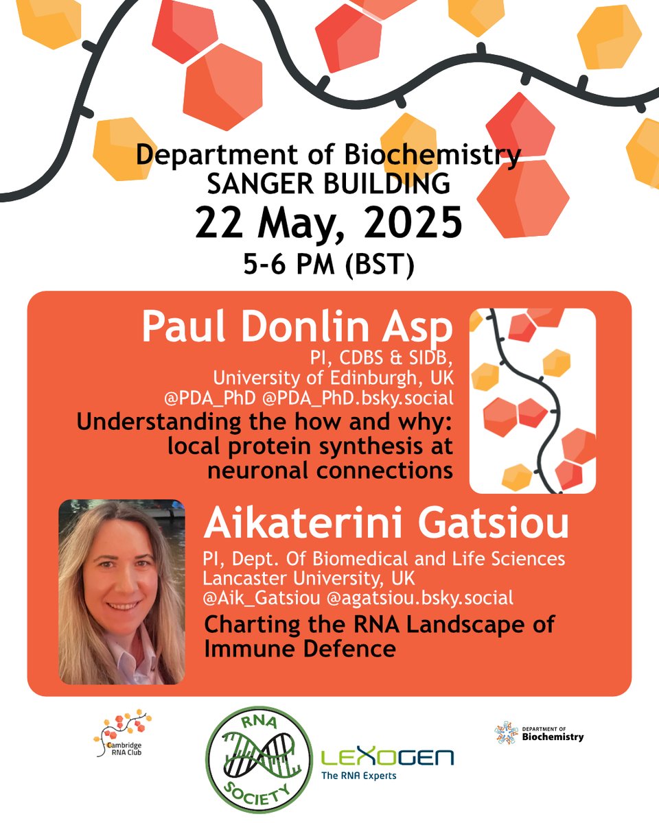 CambridgeRNA's tweet image. Next Thursday we&apos;ll be hosting two fantastic talks by @PDA_PhD and @Aik_Gatsiou 5-6 pm! Join us at @CamBiochem for pizza, drinks and RNA discussion! 🤠🧬🍕