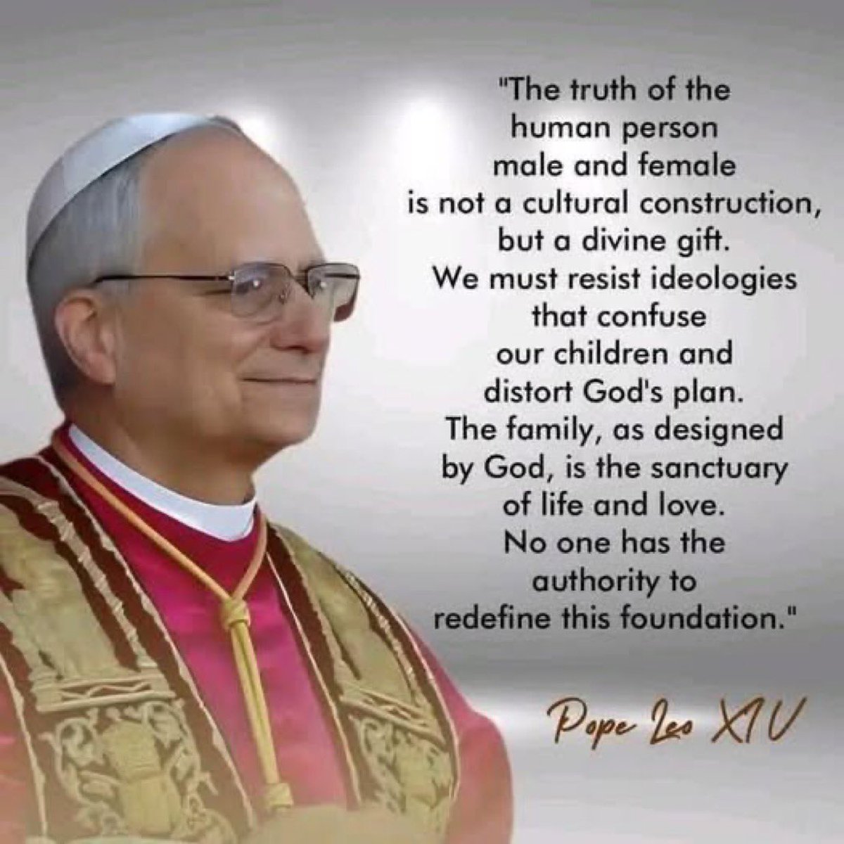 SaintEliasMedia's tweet photo. Praise be to Jesus Christ the King! Pope  Leo XIV has spoken extremely clearly and without any  ambiguity against the evil of transgender ideology ! Let’s pray for many more clear pronouncements on all issues in the future! 

God will not be mocked ! 
Christ is King ✝️👑 https://t.co/7G9izYxxXJ